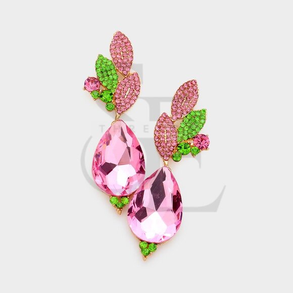 AKA Inspired Pink & Green Teardrop Rhinestone Statement Earrings - Picture 1 of 2